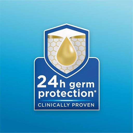  Icon showing a droplet with a honeycomb background, shield, and text: 24h germ protection, clinically proven