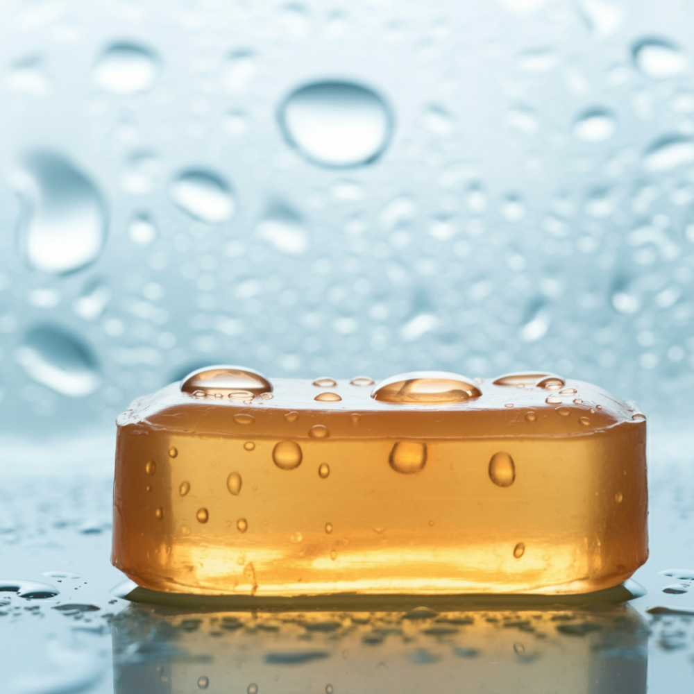 image of a glycerin soap bar with droplets of water in the background