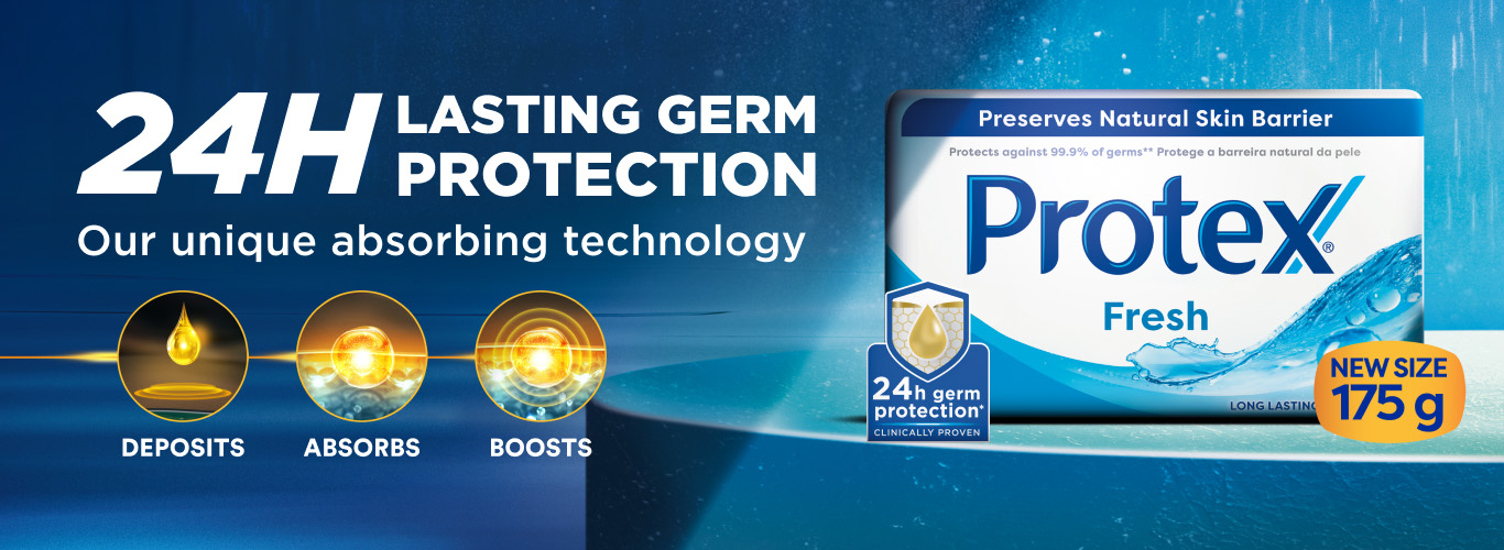 Promotional image of Protex Fresh 175g showing 24-hour antibacterial protection and unique absorbing technology, with icons for deposits, absorption, and boosting.