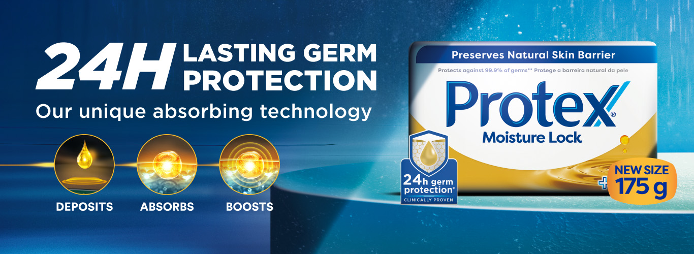 Promotional image of Protex Moisture Lock 175g showing 24-hour antibacterial protection and unique absorbing technology, with icons for deposits, absorption, and boosting.